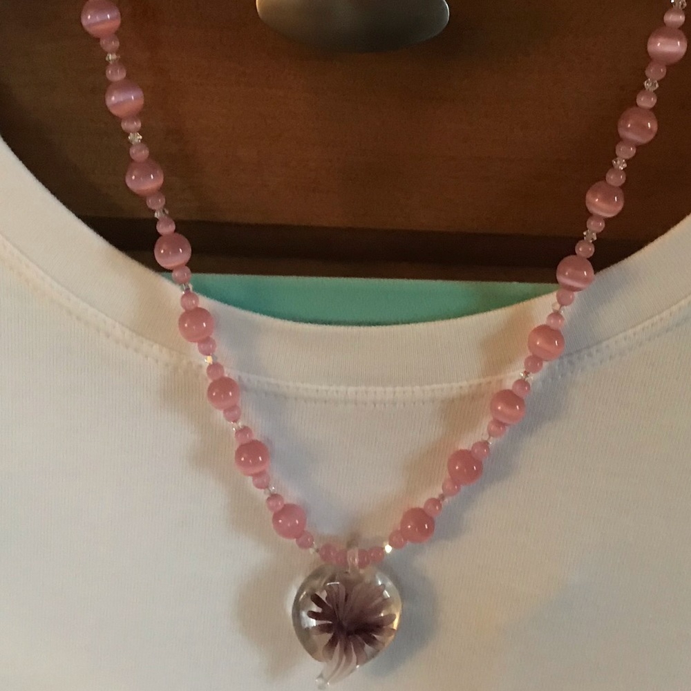 Hand made pale pink beaded necklace and bracelet